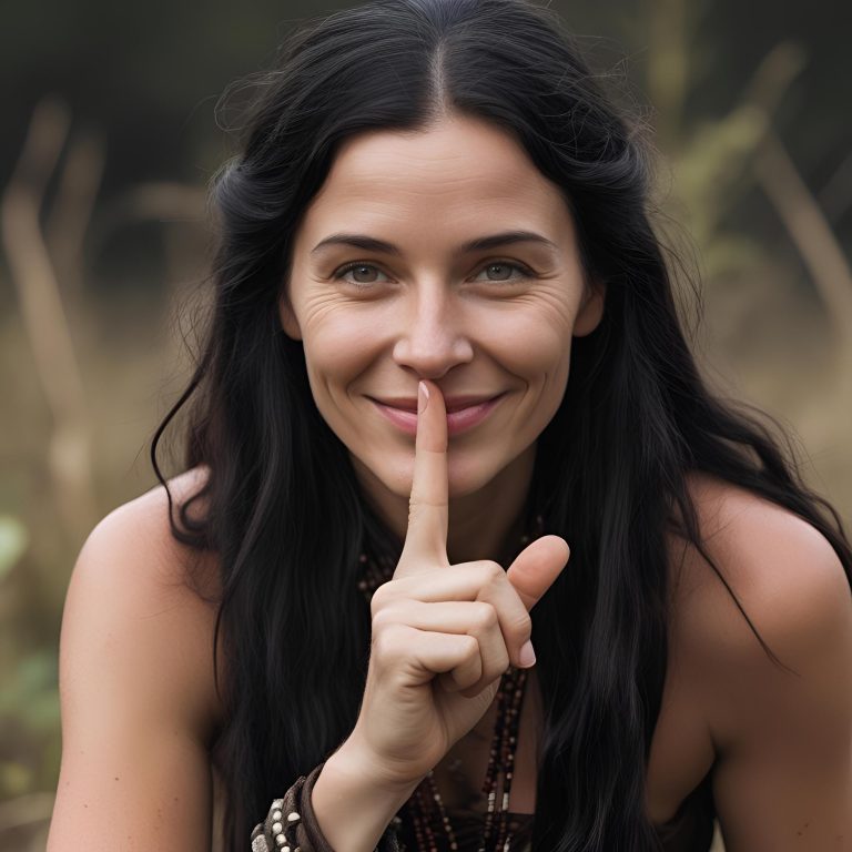una mujer chaman a europea, de pelo oscuro, con un dedo en los labios haciendo shhhh Hay una cierta sonrisa de complicidad en su cara. Se ve su cuerpo entero y esta en la naturaleza